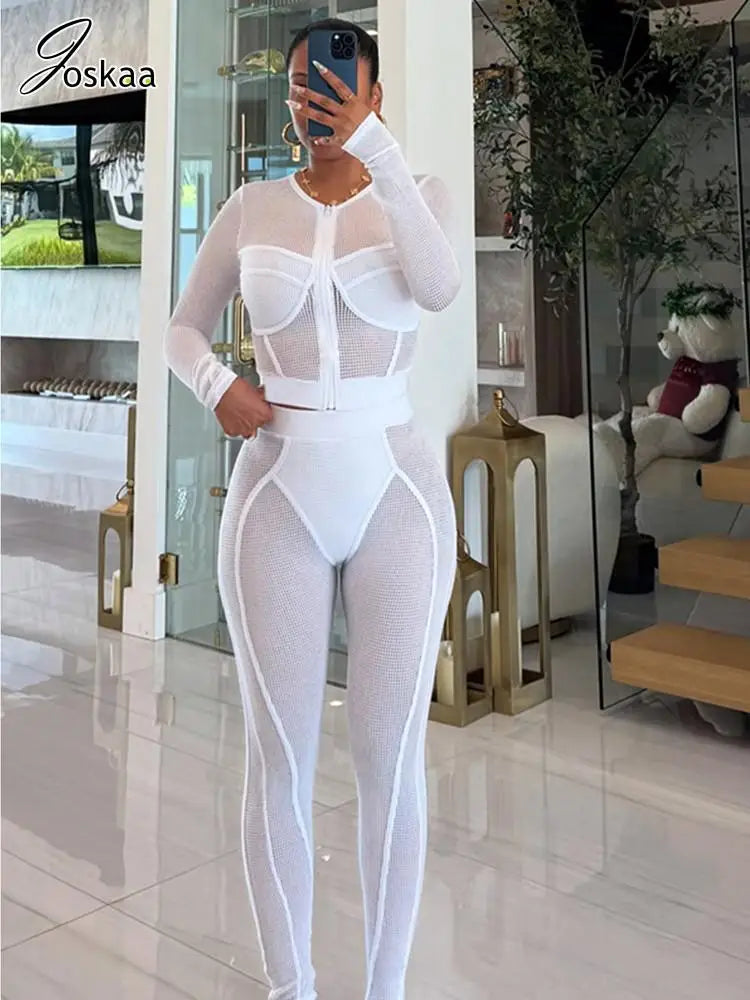 Women's Mesh Long Sleeve Crop Two Piece Set Black – Side View