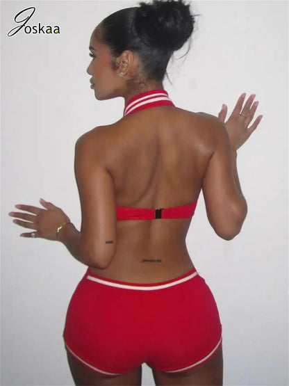Women's Stripe Backless Halter Sleeveless Romper Red Jumpsuit – Front View