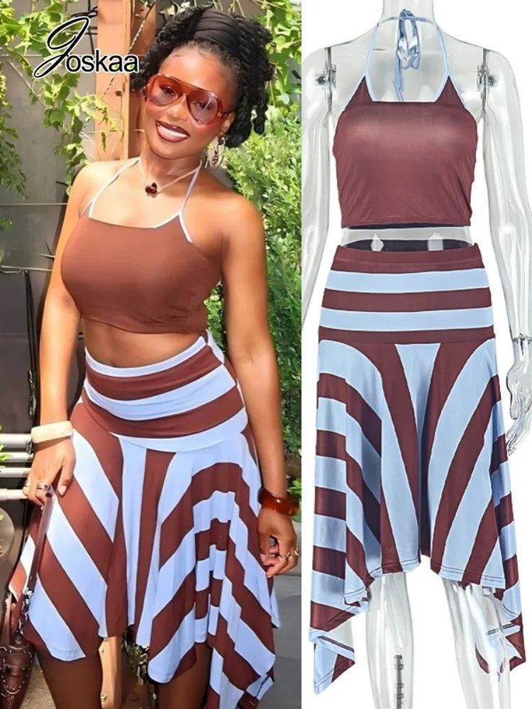 Women's Striped Halter Sleeveless High Waist Two Piece Set - Women's Fashion Wholesale - Front View