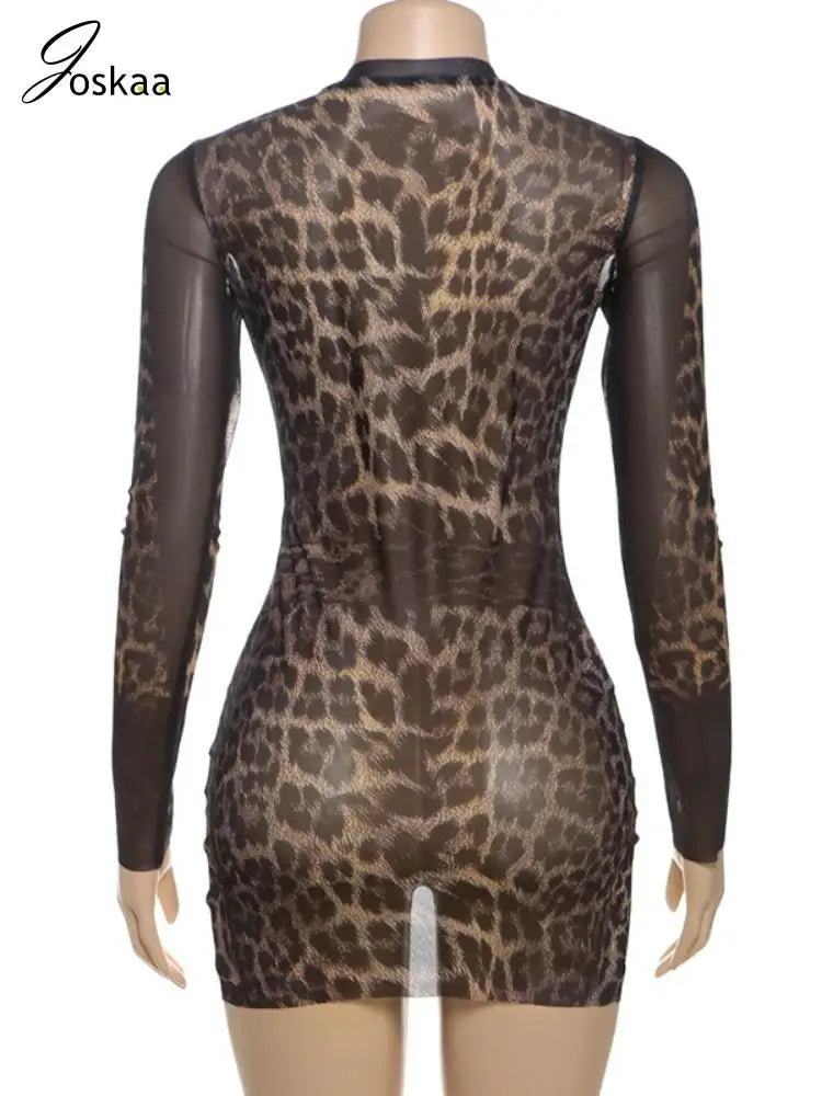 Women's Leopard Print Mesh Long Sleeve Mini Dress Leopard Print – Detail View