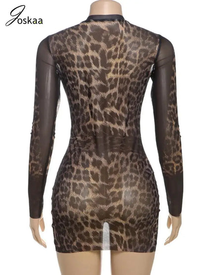 Women's Leopard Print Mesh Long Sleeve Mini Dress Leopard Print – Detail View