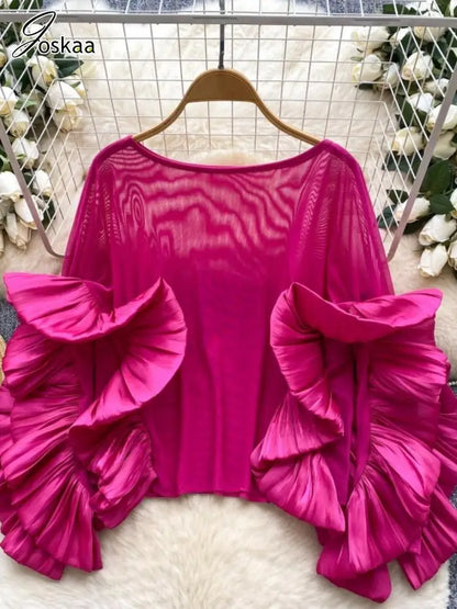Women's Mesh Long Sleeve Luxury Blouse Ruffles Top Red – Detail View