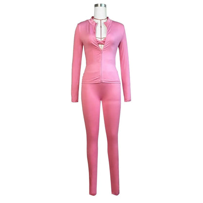 Women's Backless Halter Long Sleeve Two Piece Set