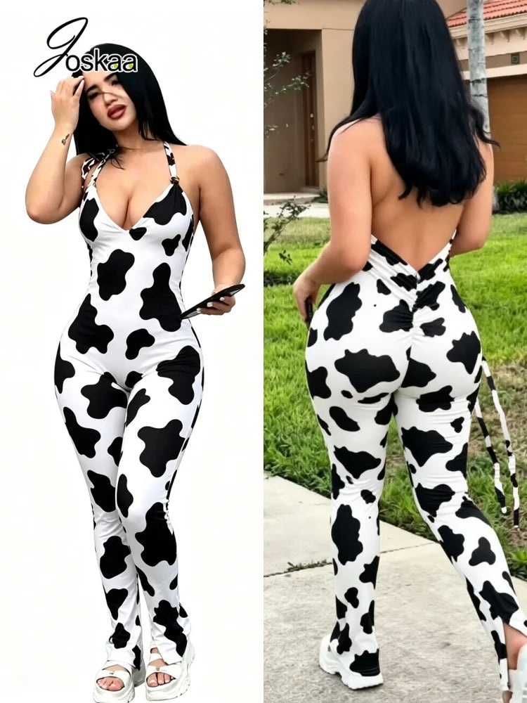 Women's Backless Halter Bodycon Flare Romper Cow Pattern – Back View