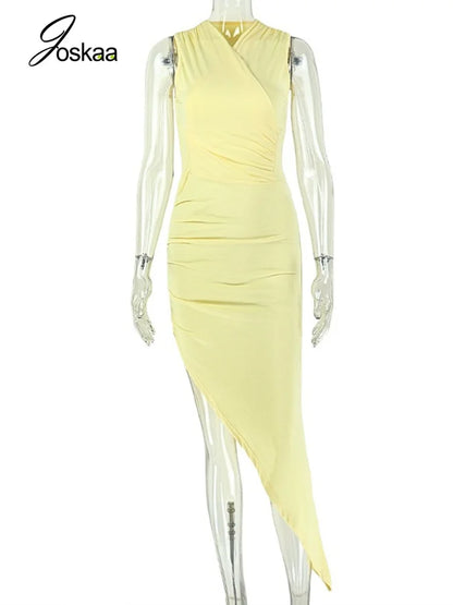 Women's Ruched V-neck Sleeveless One Shoulder Maxi Dress - Back View