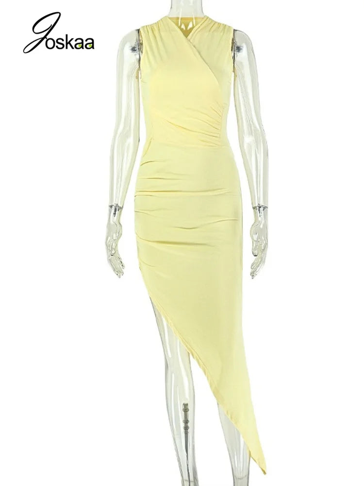 Women's Ruched V-neck Sleeveless One Shoulder Maxi Dress - Back View