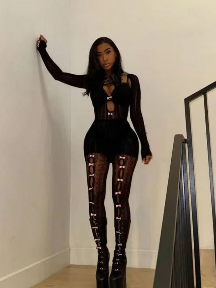 Women's Cutout Long Sleeve Two Piece Set Black – Side View