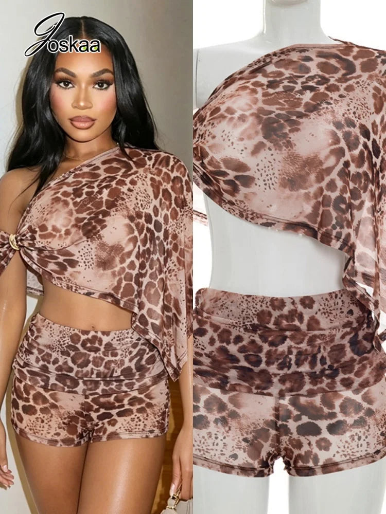 Women's Leopard Print Mesh Ruched Two Piece Set – Women's Fashion Wholesale – Front View