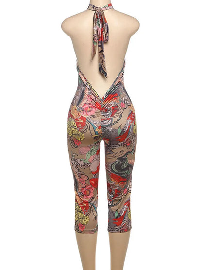 Wholesale Women's Backless Halter Bodycon Romper Leopard Print – Detail View