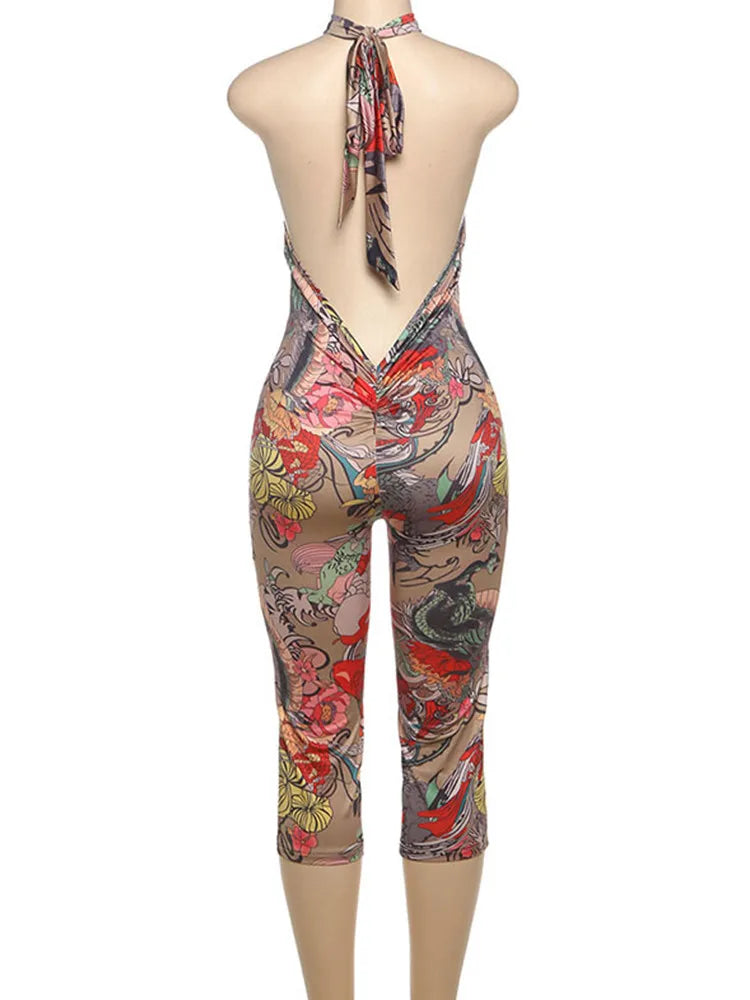 Wholesale Women's Backless Halter Bodycon Romper Leopard Print – Detail View