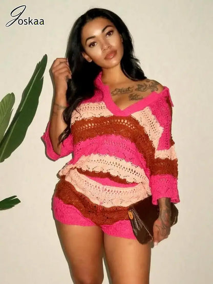 Women's Stripe Knit Short Sleeve Two Piece Set Rose Red – Front View