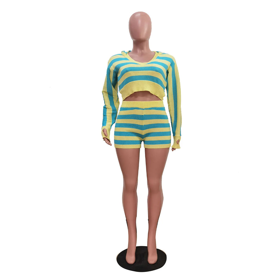 Women's Stripe Knit Long Sleeve Two Piece Set