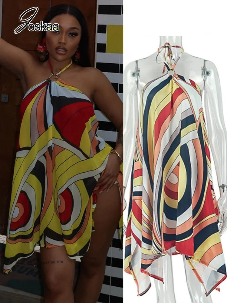Women's Striped Backless Halter Mini Dress - Women's Fashion Wholesale - Front View