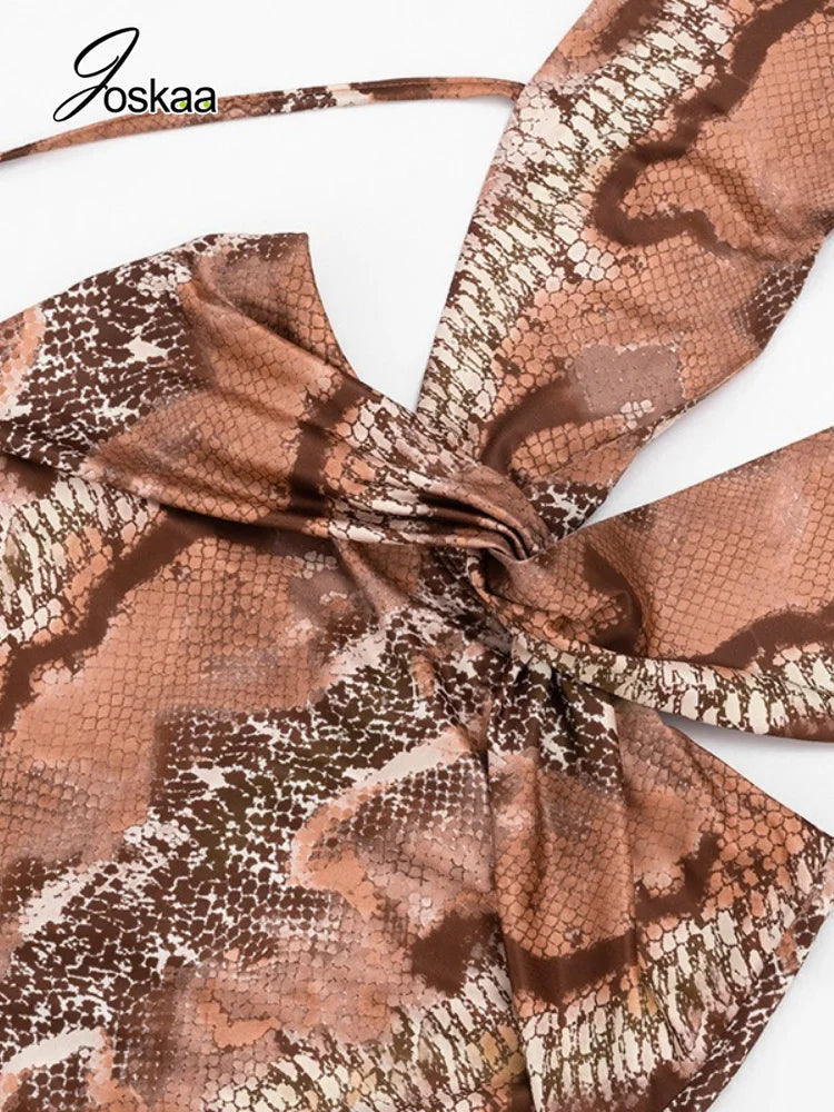 Women's Snake Print V-neck Halter Sleeveless Romper - Model Wearing Style