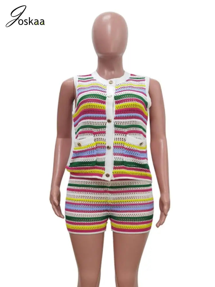 Women's Stripe Knit Sleeveless Two Piece Set Colorful – Back View