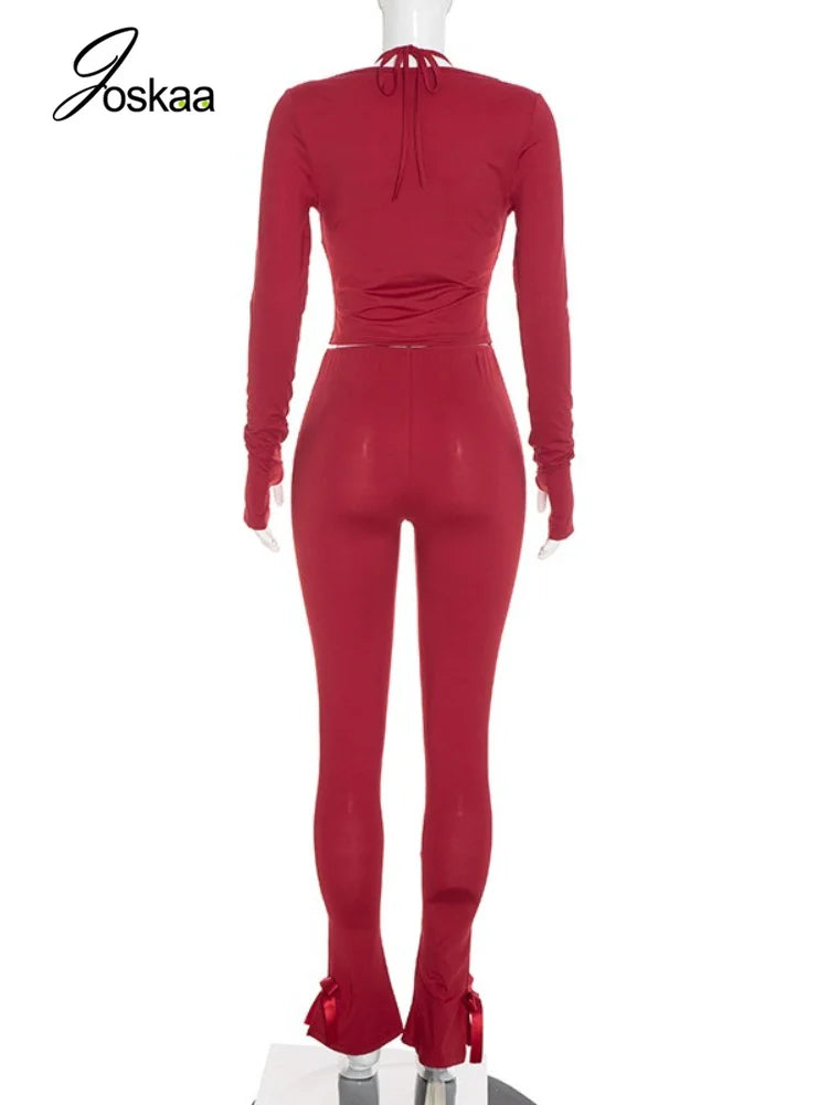 Women's Halter Strapless Long Sleeve Wide Leg Two Piece Set - Detail View