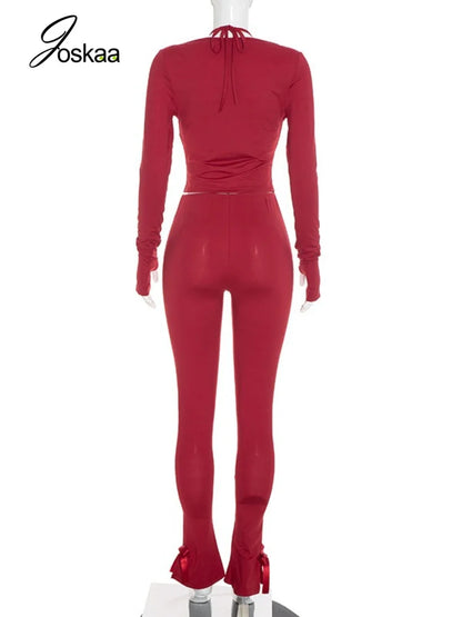 Women's Halter Strapless Long Sleeve Wide Leg Two Piece Set - Detail View