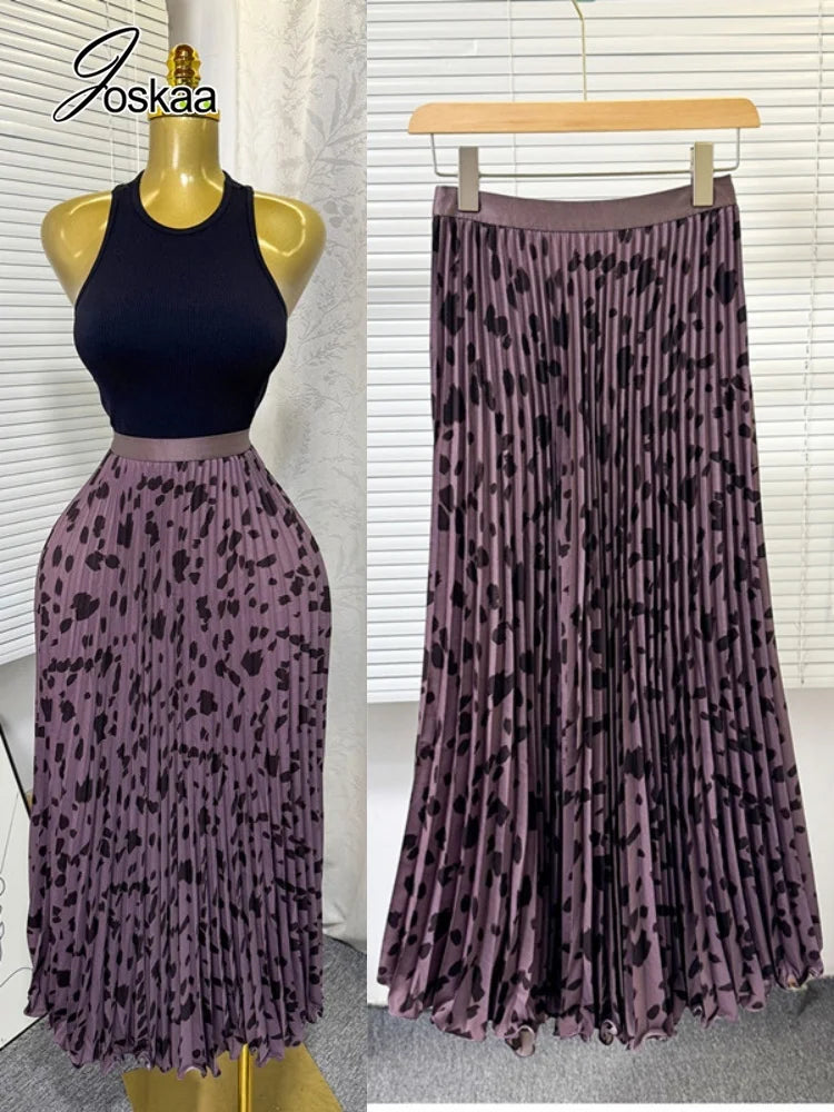 Women's Crop High Waist Pleated Two Piece Set Leopard Apricot – Front View