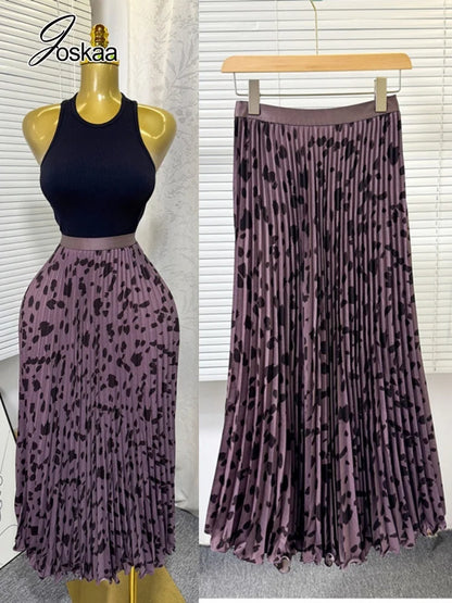 Women's Crop High Waist Pleated Two Piece Set Leopard Apricot – Front View
