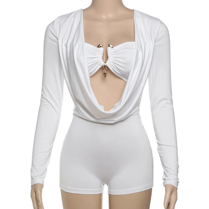Women's Long Sleeve Bodycon Metal Buckle Decorate Romper