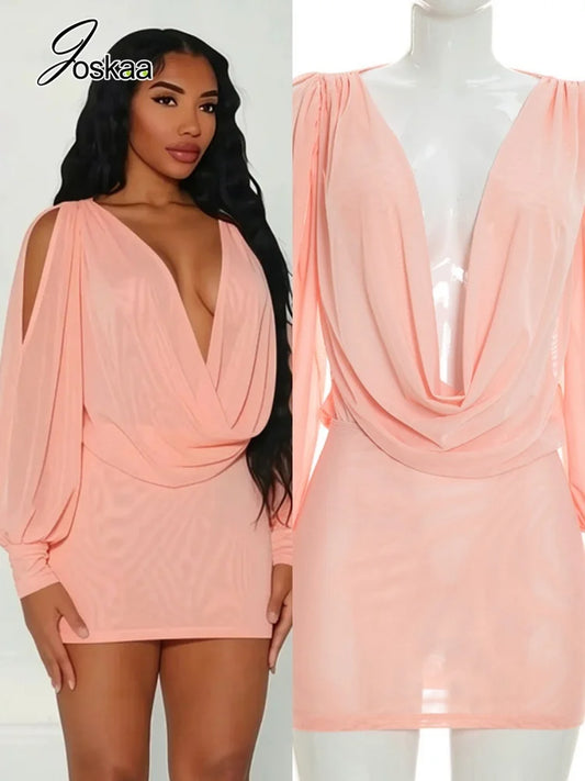 Women's Mesh Backless V-neck Long Sleeve Mini Dress - Women's Fashion Wholesale - Front View