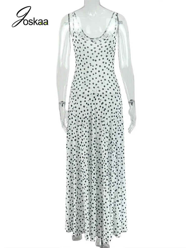 Women's Polka Dot Mesh Sleeveless Maxi Dress - Detail View