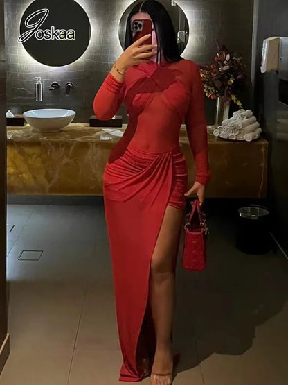 Women's Mesh Ruched Halter Long Sleeve Maxi Dress - Side View