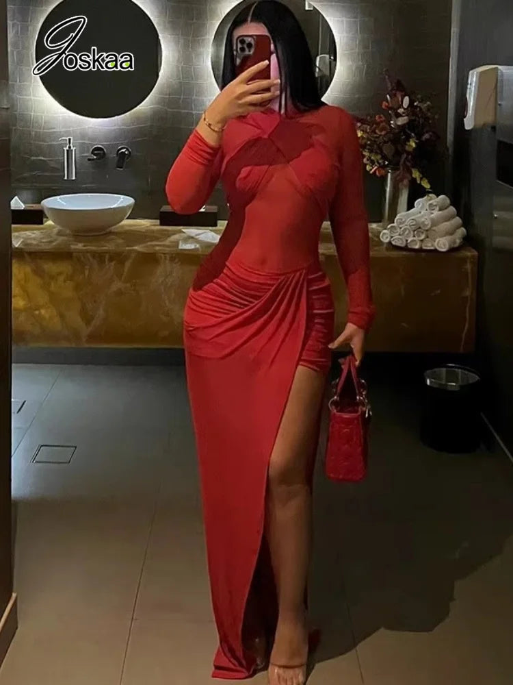 Women's Mesh Ruched Halter Long Sleeve Maxi Dress - Side View
