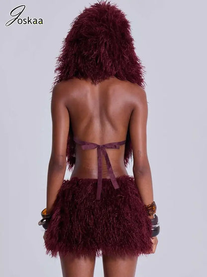 Women's Backless Crop Mini Two Piece Set Wine Red – Side View
