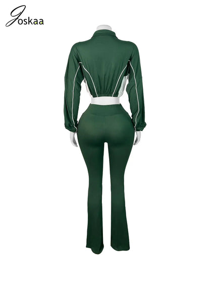 Women's Long Sleeve Flare Zip Two Piece Set Green – Detail View