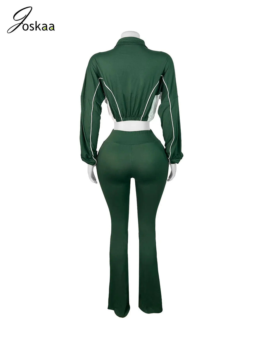 Women's Long Sleeve Flare Zip Two Piece Set Green – Detail View