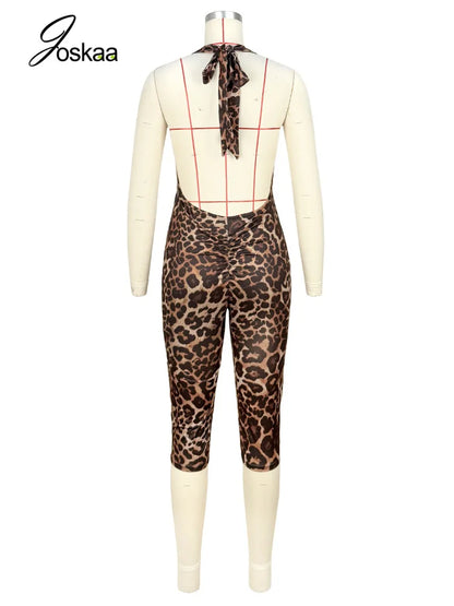 Women's Leopard Print Ruched Halter Sleeveless Romper - Detail View
