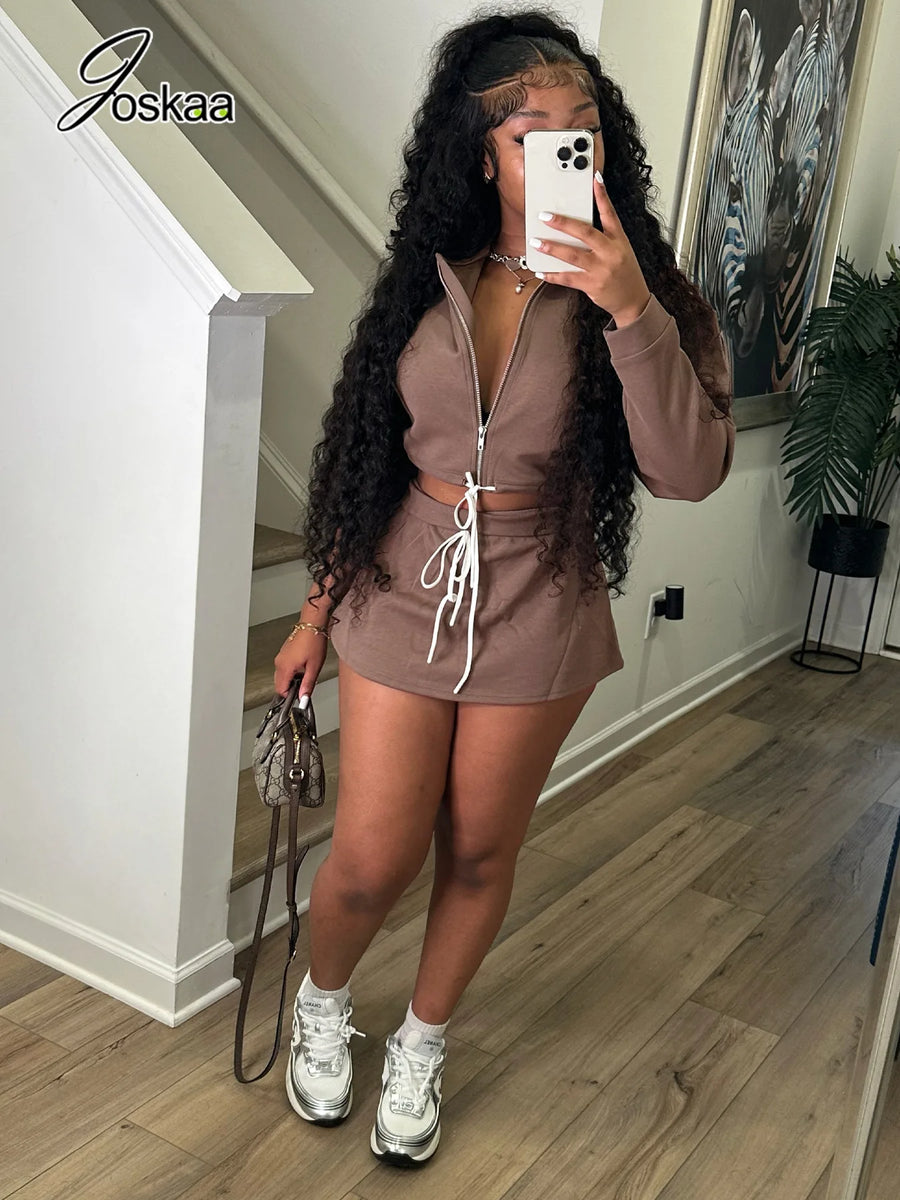 Women's Zip Up Long Sleeve Two Piece Set - Front View