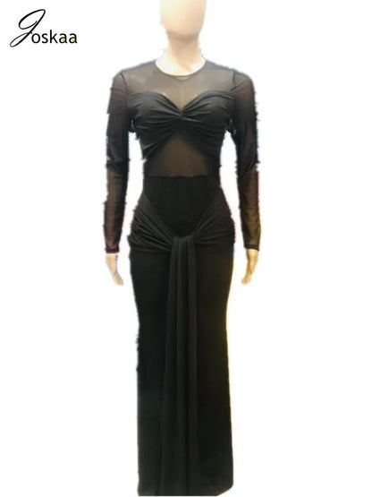 Wholesale Women's Mesh Bodycon Pleated Maxi Dress Black – Detail View