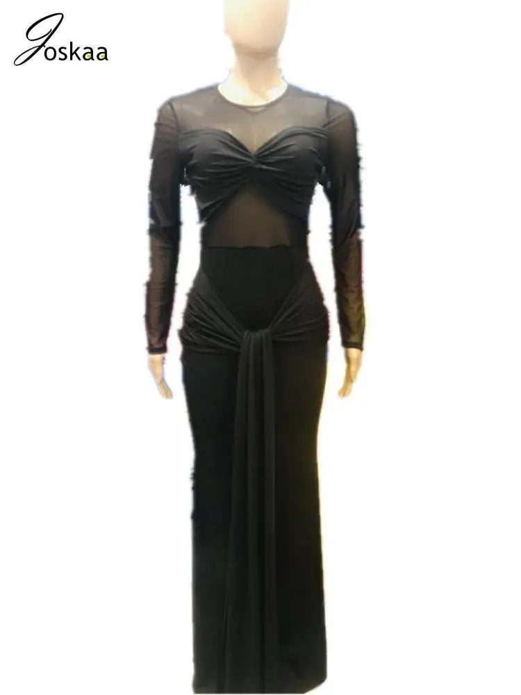 Wholesale Women's Mesh Bodycon Pleated Maxi Dress Black – Detail View