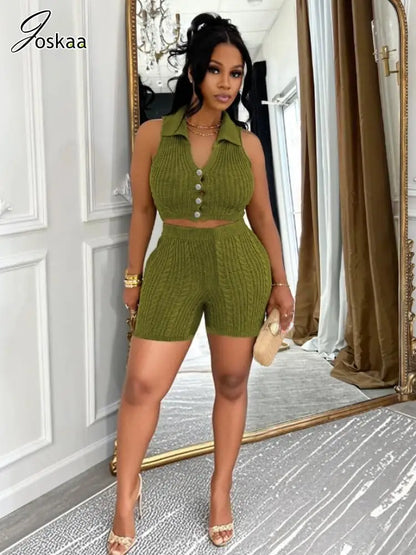 Wholesale Women's Knit Crop Ribbed Two Piece Set Army Green – Front View