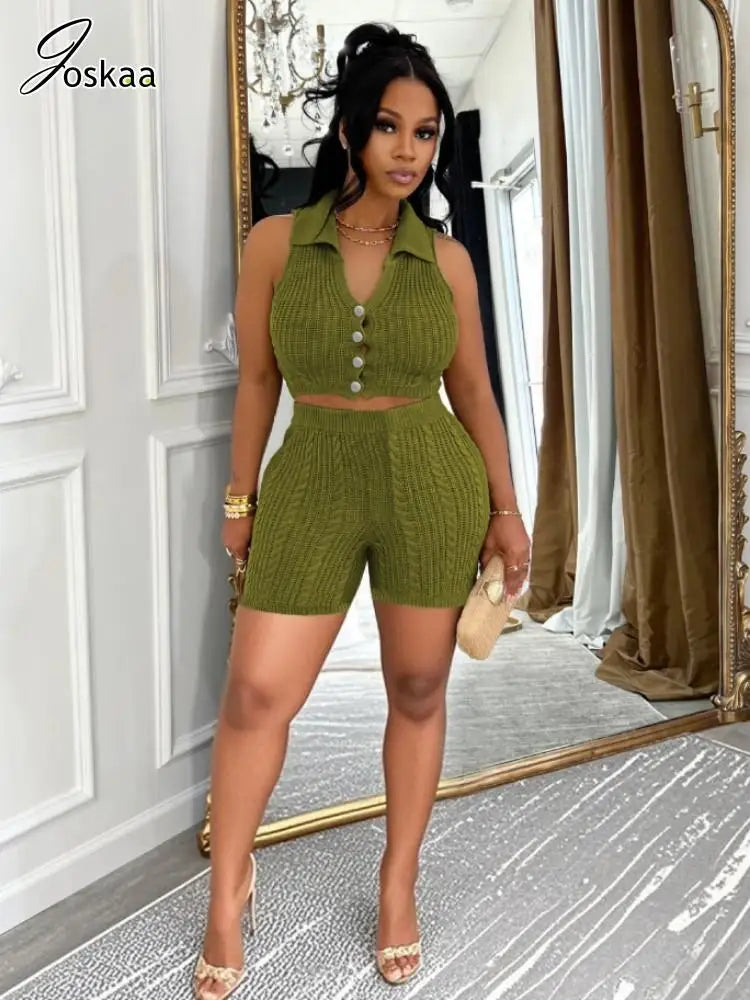 Wholesale Women's Knit Crop Ribbed Two Piece Set Army Green – Front View