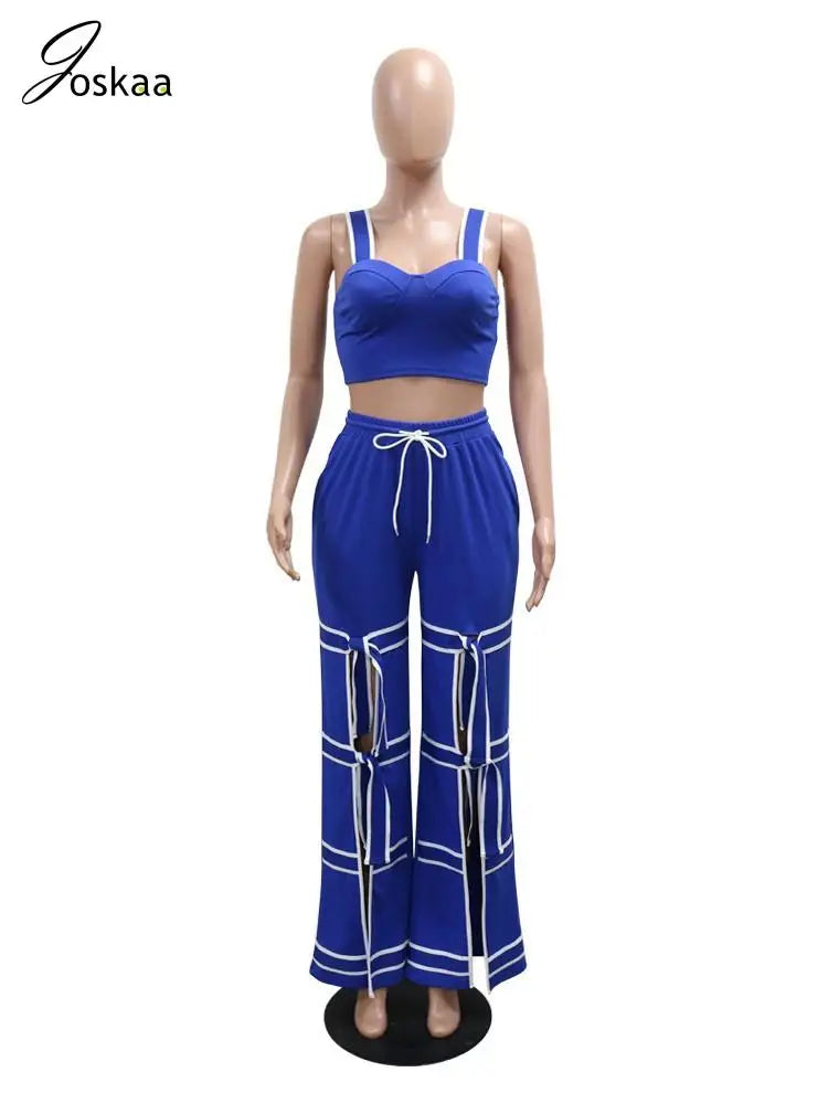 Women's Crop Flare Wide Leg Patchwork Two Piece Set Blue – Back View