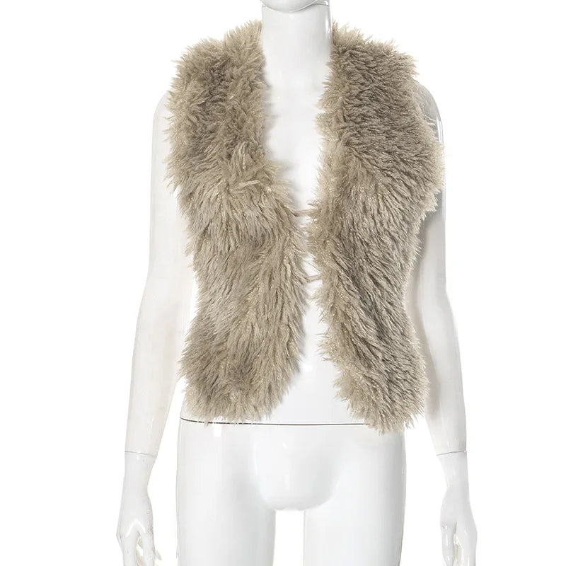 Women's Backless Halter Furry Vests Deep Jacket