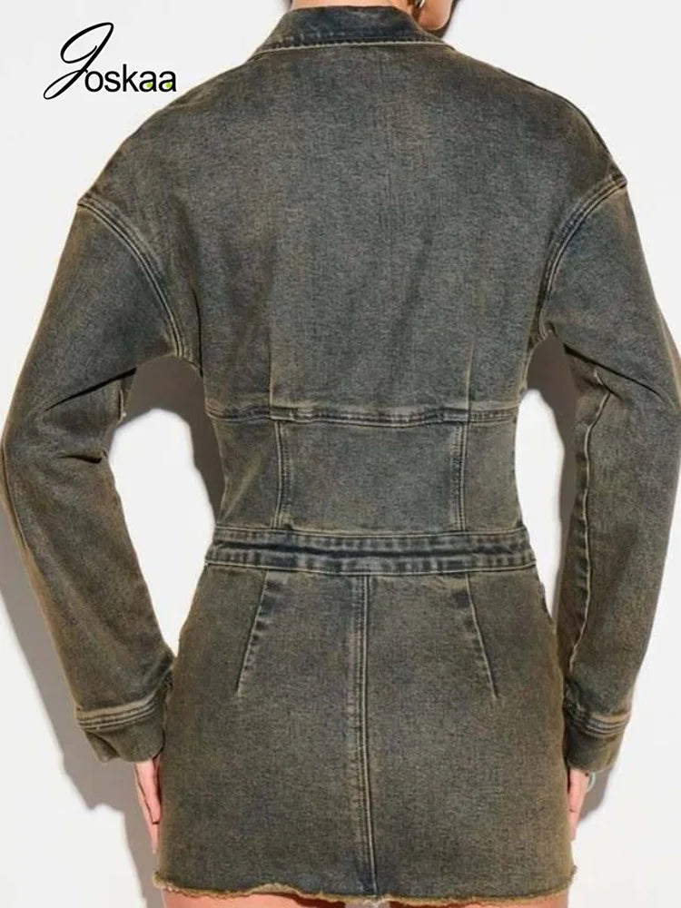 Women's Denim Print V-neck Zip Up Long Sleeve Mini Dress - Side View