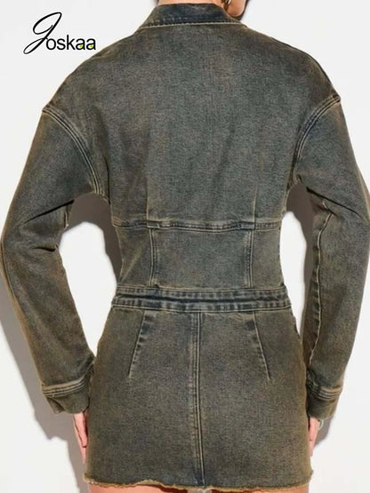Women's Denim Print V-neck Zip Up Long Sleeve Mini Dress - Side View