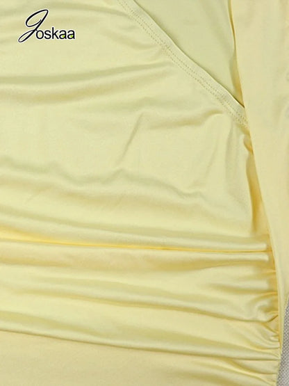 Women's Yellow Ruched Sleeveless Bodycon Dress - Detail View 5
