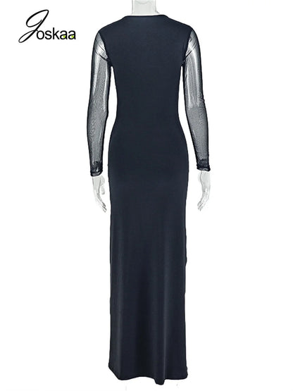 Wholesale Women's Mesh Long Sleeve Bodycon Dress Black – Detail View
