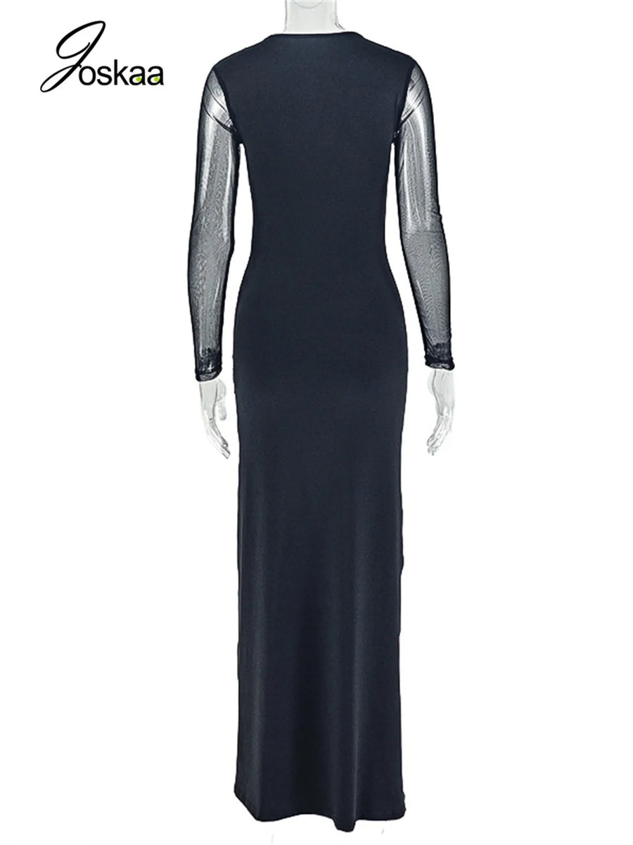 Wholesale Women's Mesh Long Sleeve Bodycon Dress Black – Detail View