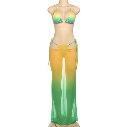 Women's Mesh Halter Maxi Swimwear Printed Three-piece Bikini Set