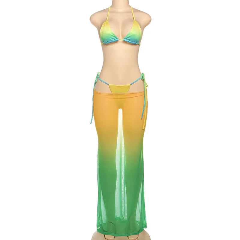 Women's Mesh Halter Maxi Swimwear Printed Three-piece Bikini Set