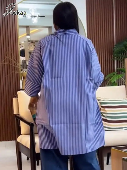 Women's Stripe Long Sleeve Blue Striped Shirt Top Blue – Back View