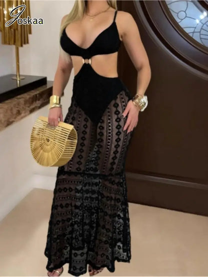 Women's Lace Cutout Maxi Elegant Spaghetti Strap Bikini Set Black – Side View