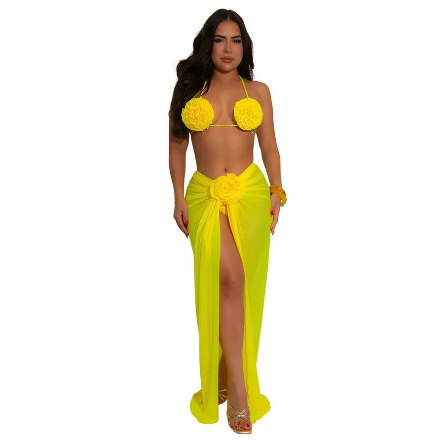 Women's Floral Print Mesh Halter Bikini Set