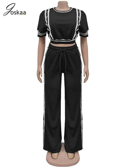 Women's Stripe Short Sleeve Two Piece Set Black – Back View